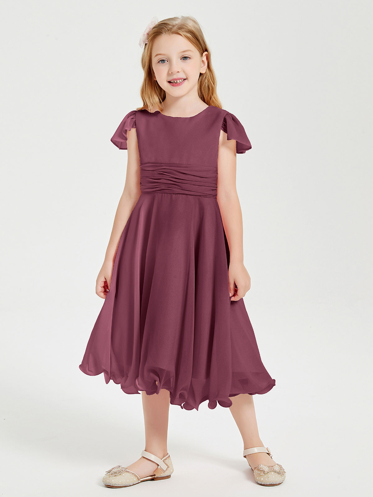 Chiffon Tea Length Junior Bridesmaid Dresses Mulberry